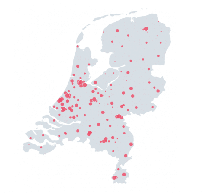 landelijke dekking voor gegevensuitwisseling via Twiin; kaart van Nederland met ziekenhuizen