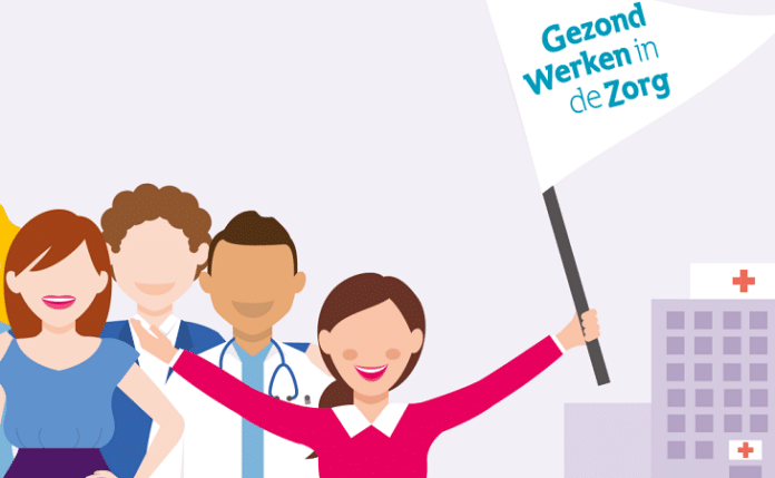 gezond werken - infographic met zorgverleners met een banner voor een ziekenhuis