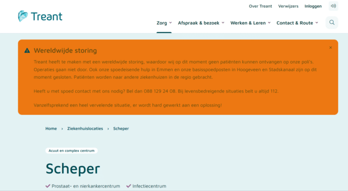 De site van de Treant ziekenhuislocatie Scheper informeert over de gevolgen van de storing Computerstoring Windows 19 juli 2024