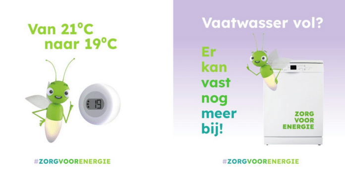 2 campagne-uitingen van Zorg voor Energie: de eerst roept op om van 21 naar 19 graden kamertemperatuur te gaan. De andere spoort aan om de vaatwasser pas aan te zetten als hij écht vol is.