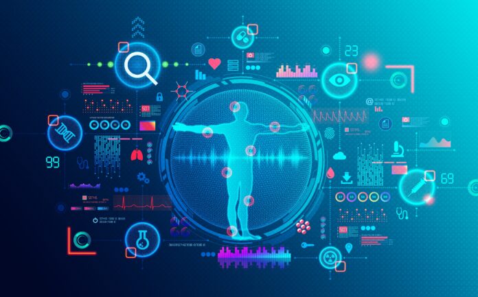 Stockbeeld medische technologie met corpus omgeven door med tech iconen