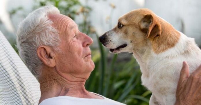 Patiënt (oudere man) met hond op schoot
