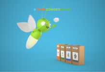 plaatje van een getekende bij die een prop afval deponeert in een afvalbak met gescheiden compartimenten