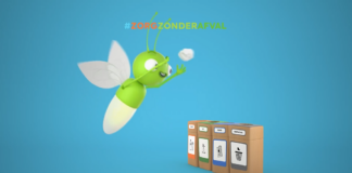 plaatje van een getekende bij die een prop afval deponeert in een afvalbak met gescheiden compartimenten